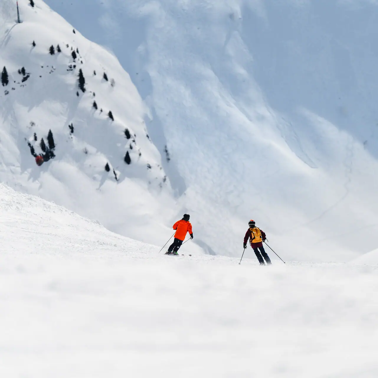 A group of people skiing down a snowy mountain.
