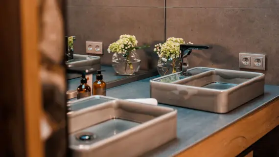 A washstand with two washbasins in gray. In the far corner there is a small vase with flowers and two soap dispensers. 