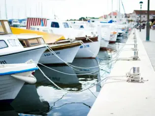 A row of boats tied to a dock.