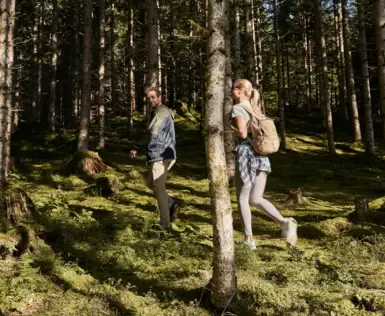 A man and a woman are walking through a forest.