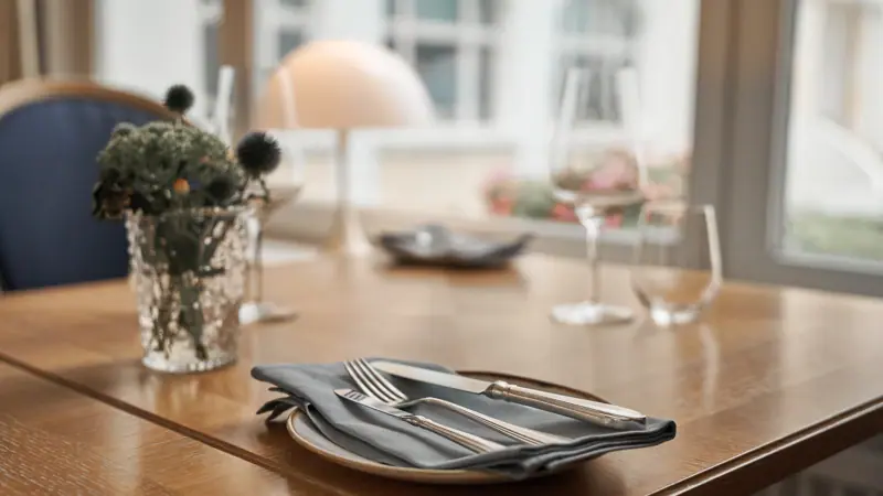 A table with cutlery and glasses.