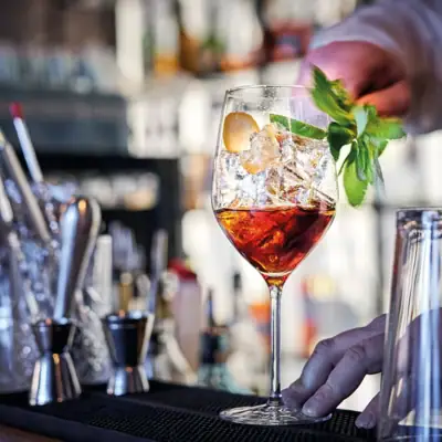 Ein Negroni auf Eis in einem Cocktailglas am Stiel dekoriert mit frischer Minze auf einem Bartresen.