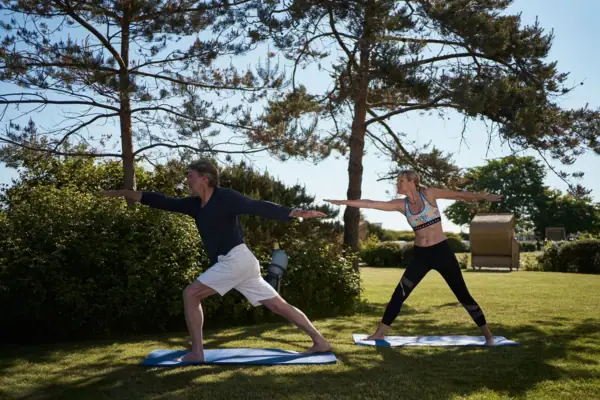 A man and a woman do yoga on the grass.
