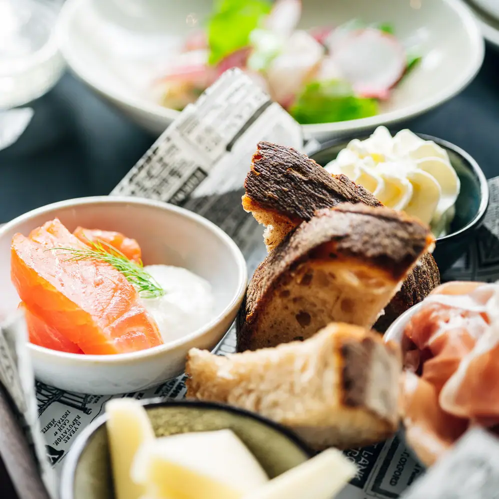 A tray of assorted dishes on a table.