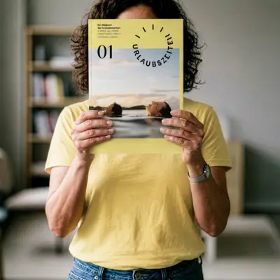 A woman is holding the *Urlaubszeiten* magazine up to her face.