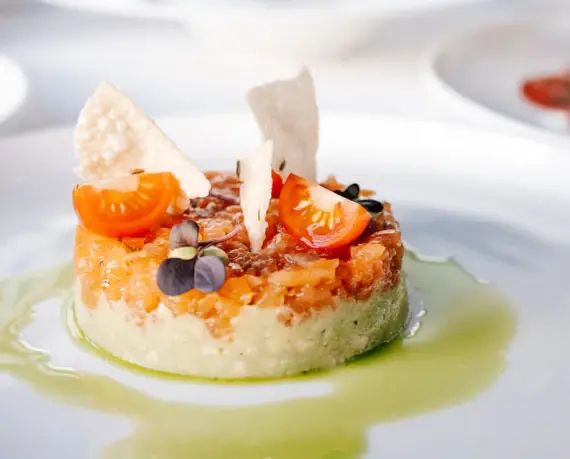 An artfully arranged dish on a table.