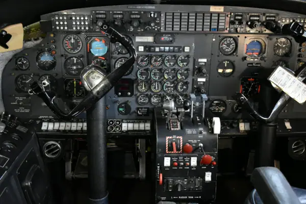 The cockpit of an aeroplane, complete with control instruments and displays, at the Wernigerode Aviation Museum.