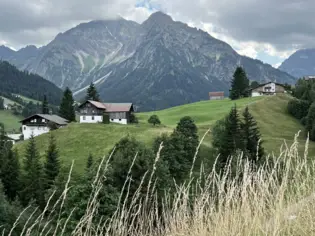 House on a hill surrounded by trees and mountains.
