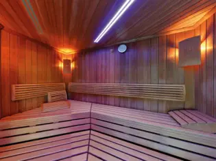 Wooden sauna with wooden wall and lighting.