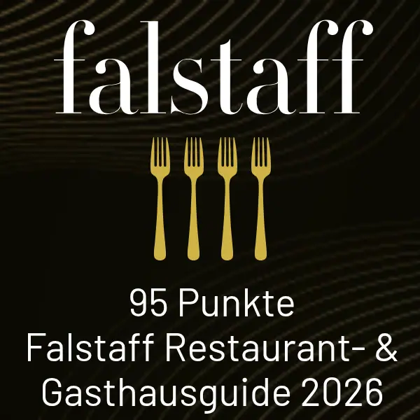 Restaurantführerkarte mit schwarzem Hintergrund und weißem Text: falstaff 95 Punkte Restaurant Guide