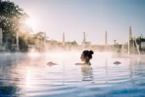 A woman in the water pool.
