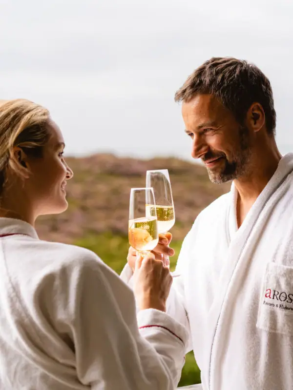 Ein Mann und eine Frau in Bademänteln halten Weingläser.