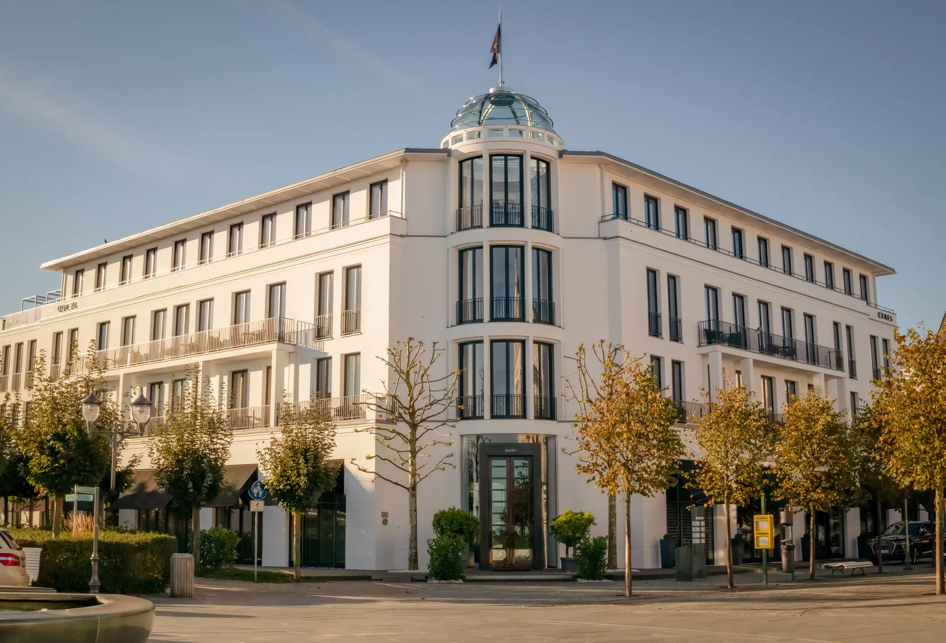 A building with trees and a flag on the roof.