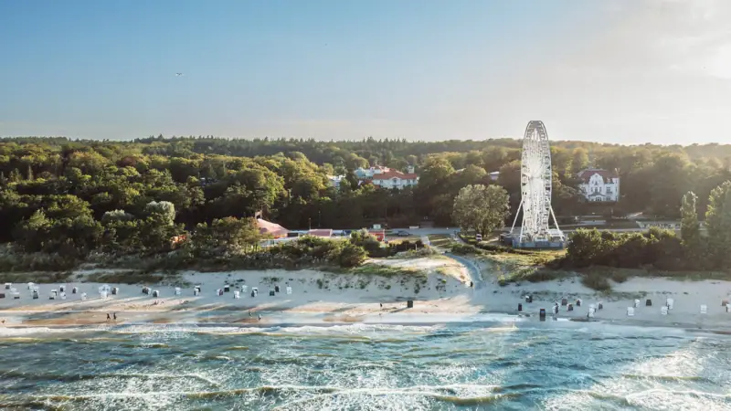 Beach with a ferris wheel and trees under a clear sky.