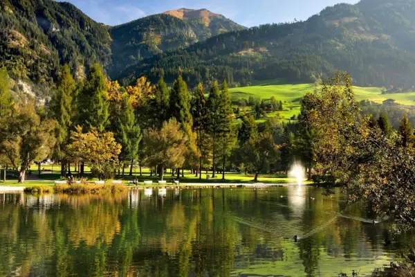 A green landscape with mountains and many trees with a lake in the foreground.