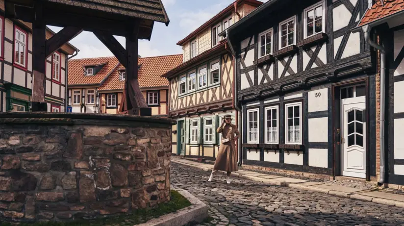 Person in a trench coat and hat walking on a cobblestone street.