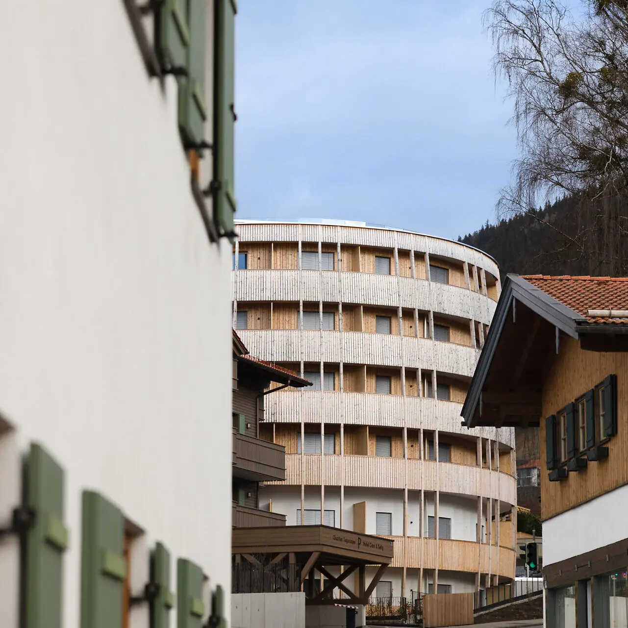 A building with lots of balconies.