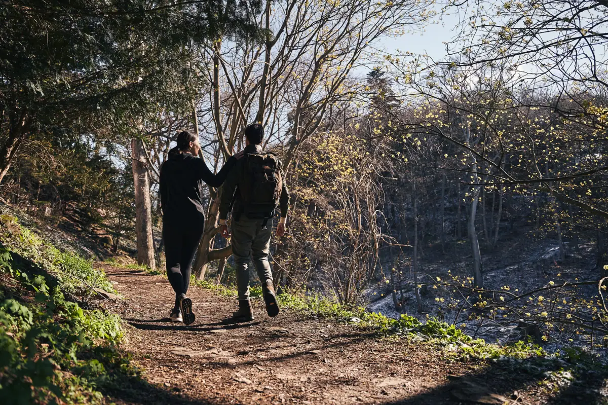 A man and a woman are walking along a forest path in the Harz Mountains.